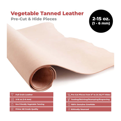 European Leather Works 7-8 oz (2.8-3.2mm) Thickness Weight Pre-Cut 20-25 SQ FT Side Vegetable Tanned Leather Cowhide Grade AB Full Grain Leather for Tooling, Carving, Engraving, Molding