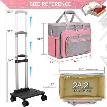 FINESUN Rolling Teacher Tote Bag with Wheels Craft Storage Organizer Bag, Portable Wheeled Craft Cart for Teacher Art Office Scrapbook Supplies, Heavy Duty Multi-Purpose Rolling Tote Pink