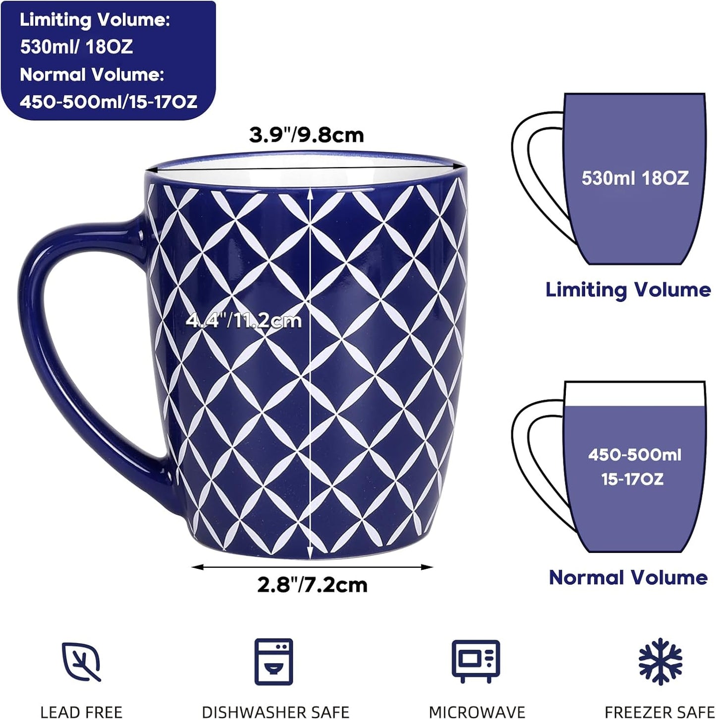 18 OZ Set 6, Schliersee Large Coffee Mugs of Ceramic Mug for Man Woman, Blue White Geometric Floral Porcelain Cup