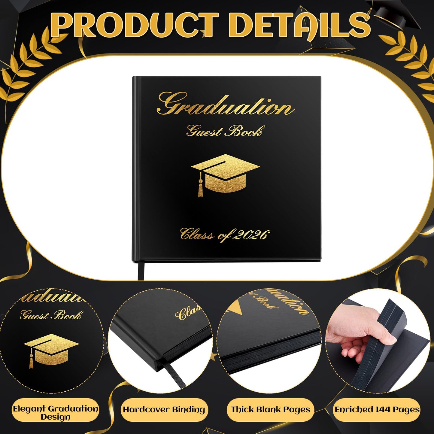 LawnIdyll 2026 Graduation Guest Book with Photo Sign Metallic Pens Stickers 144 Pages Class of 2026 Scrapbook Album Gift Memory Book for High School College Graduation Party Supplies (Black)