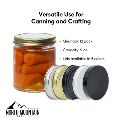North Mountain Supply 9 Ounce Clear Glass Straight Sided Mason Canning Jars- With 70mm Black Plastic Lids - Case of 12