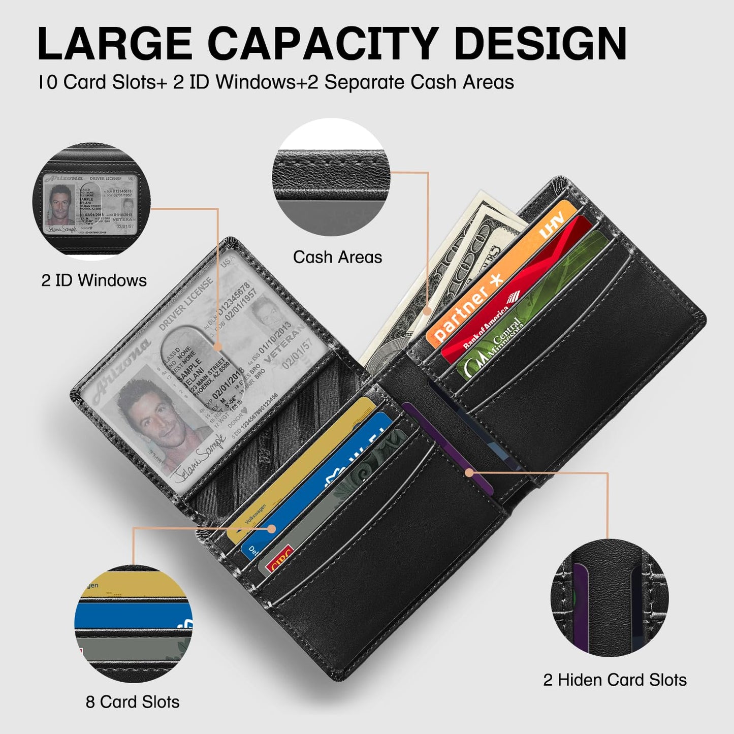 Zitahli Wallet for Men 12 Card Holder Slim Rfid Leather 2 ID Window Wallets With Gift Box Men's Accessories