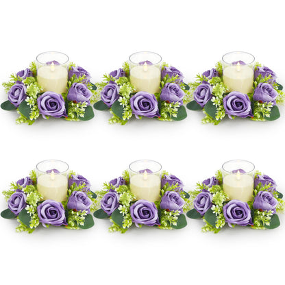 Acmee Purple Rose Candle Rings with Flameless Candles Sets - 12PCS Artificial Flower Eucalyptus Wedding Centerpiece 3 Inch Pillar Candleholders Wreaths for Wedding Party Decor (Purple - 6 Sets)