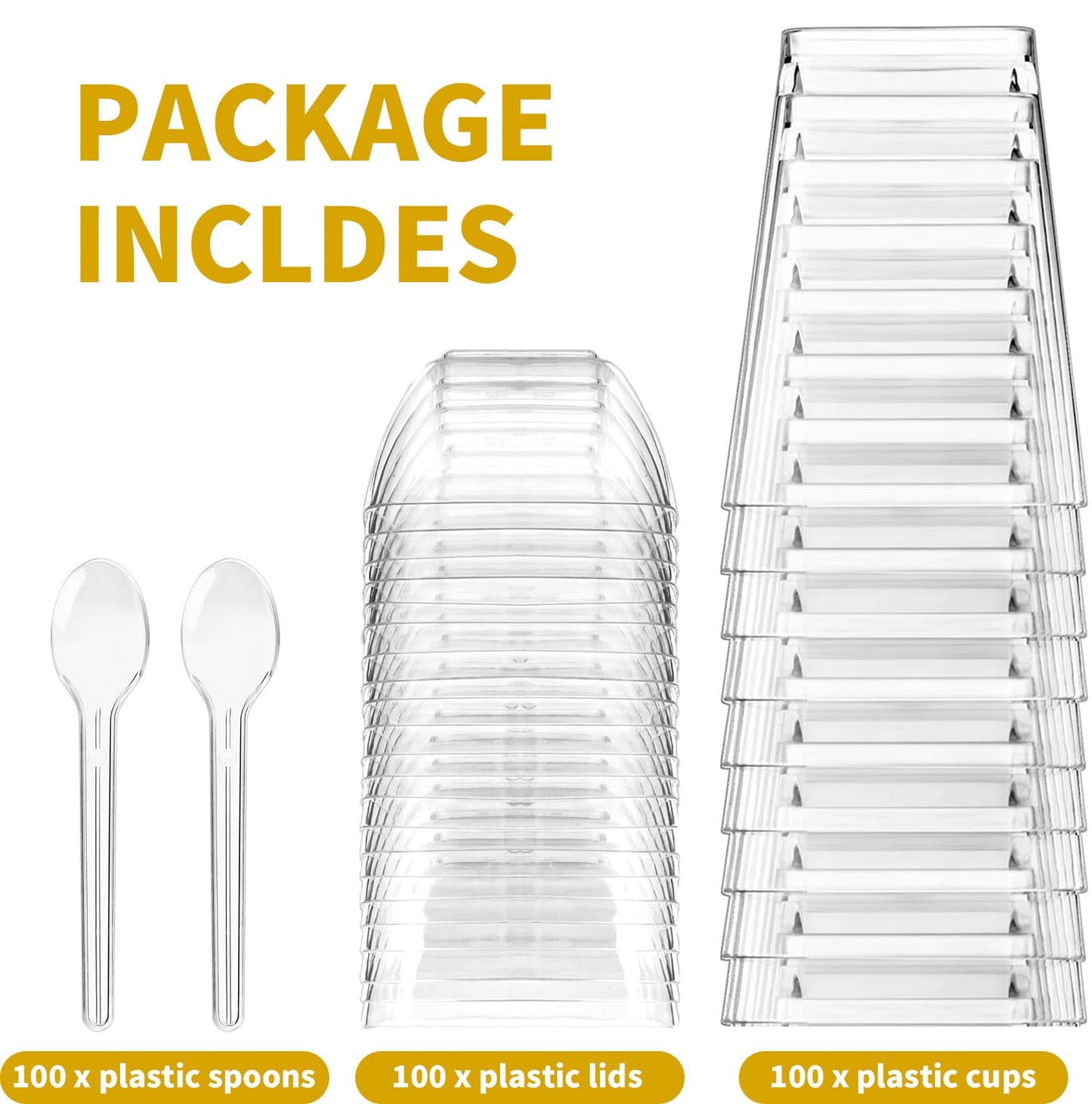 XCRUI 100Pack 5oz Dessert Cups with Lids and Spoons,Plastic Parfait Appetizer Cup,Disposable Plastic Cups, Great for Desserts, Appetizers, Puddings, Mousse