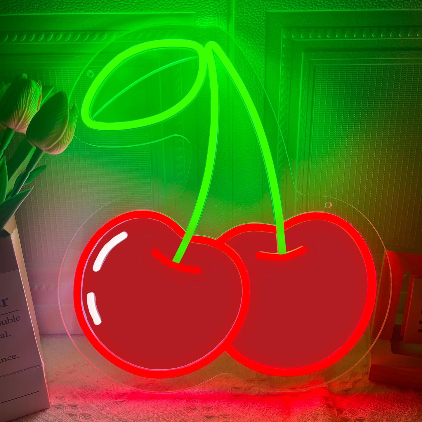 Cherry Neon Sign for Wall Decor, Dimmable Red Printed Cherries Neon Lights, Vibrant Fruit Themed Neons LED Signs for Kids Room, Bedroom, Restaurant, Bar, Club, Fruit Shop, Birthday Party (Cherry)