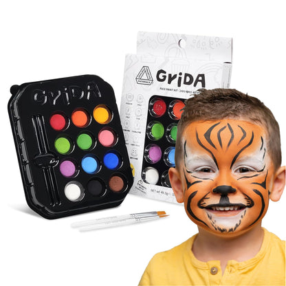 Grida Kids Friendly Face Paint - Professional Party Face Painting Kit for Kids with 12 Vibrant Colors with Double White - Easy to Remove, Vegan, Cruelty-Free Set with Palette & Art Brushes