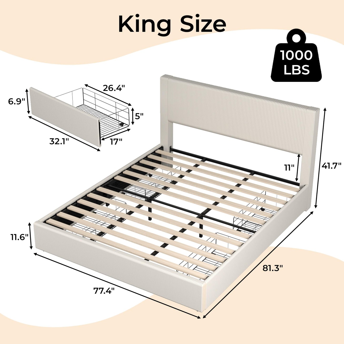 IDEALHOUSE King Size Bed Frame with Tall Tufted Wingback Headboard, Platform Velvet Upholstered King Bed Frame with 4 Storage Drawers and Wooden Slats Support, No Box Spring Needed, Creamy White