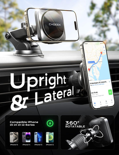 CHGeek for 15W Magsafe Car Mount Charger, iPhone Wireless Car Charger Magnetic Car Phone Holder Mount Fit iPhone 16 15 14 13 Magsafe Case, Vent/Windshield/Dash Phone Mount Holder Fast Cooling Charger
