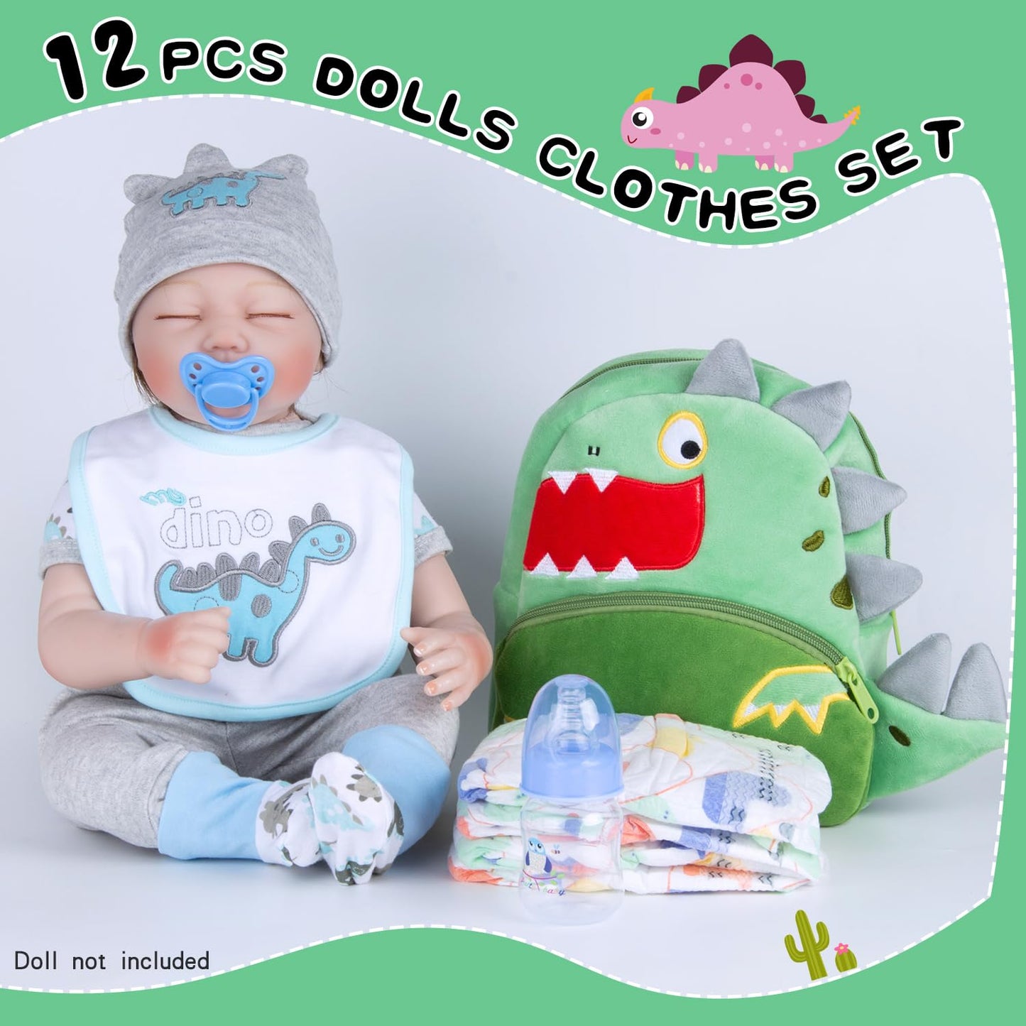 PEDOLLTREE Reborn Baby Dolls Clothes Accessories Dinosaur Outfit Set 12 Pcs Set for 17-22 Inch Reborn Doll Newborn Baby Boy with Green Dinosaur Backpack