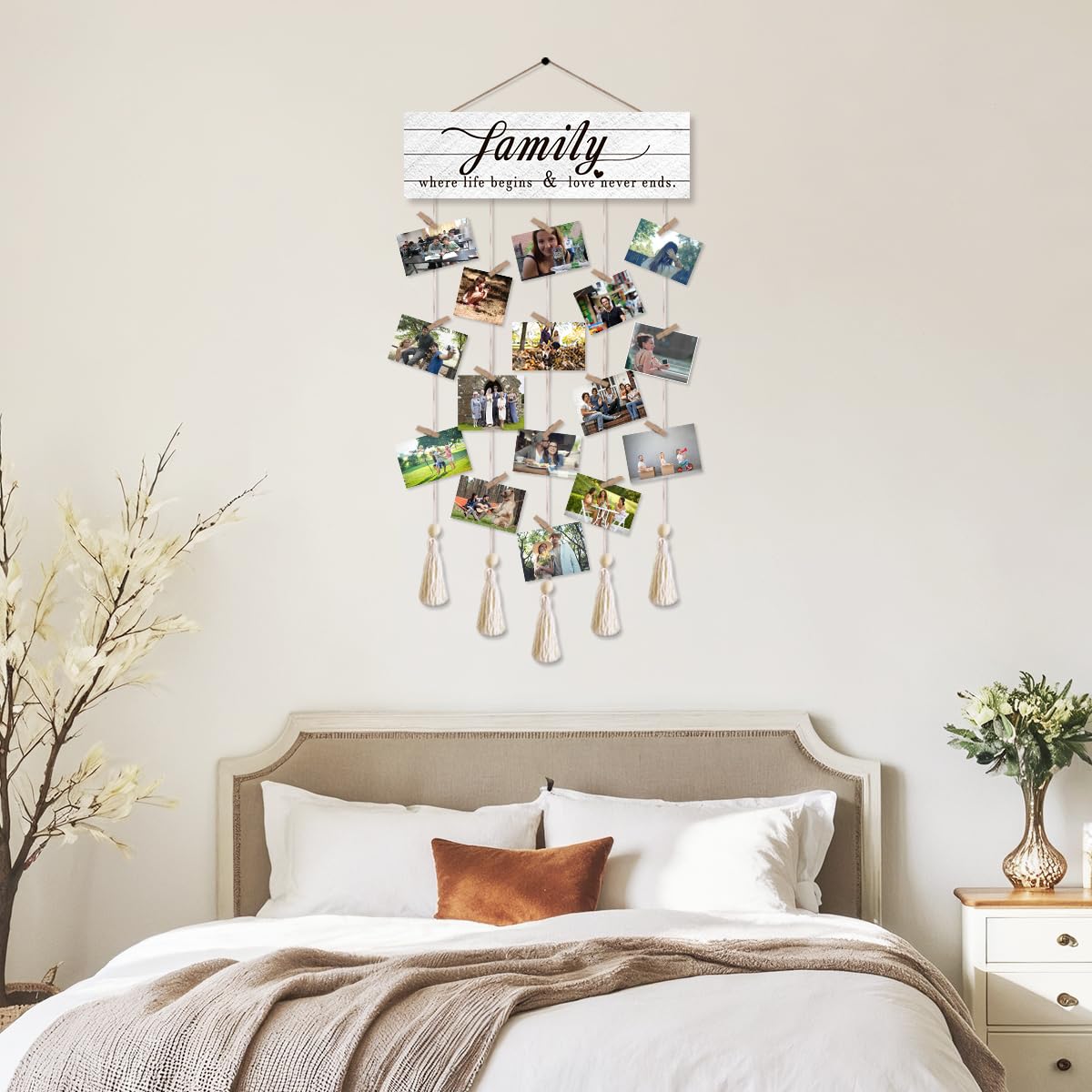 Gwisml Photo Wall Display,Collage Picture Frame,Clip Photo Holders for Wall,Wooden Hanging Photo Display with 16 Clips 5 Strings,Family Where Life Begins and Love Never Ends Sign Wall Decor