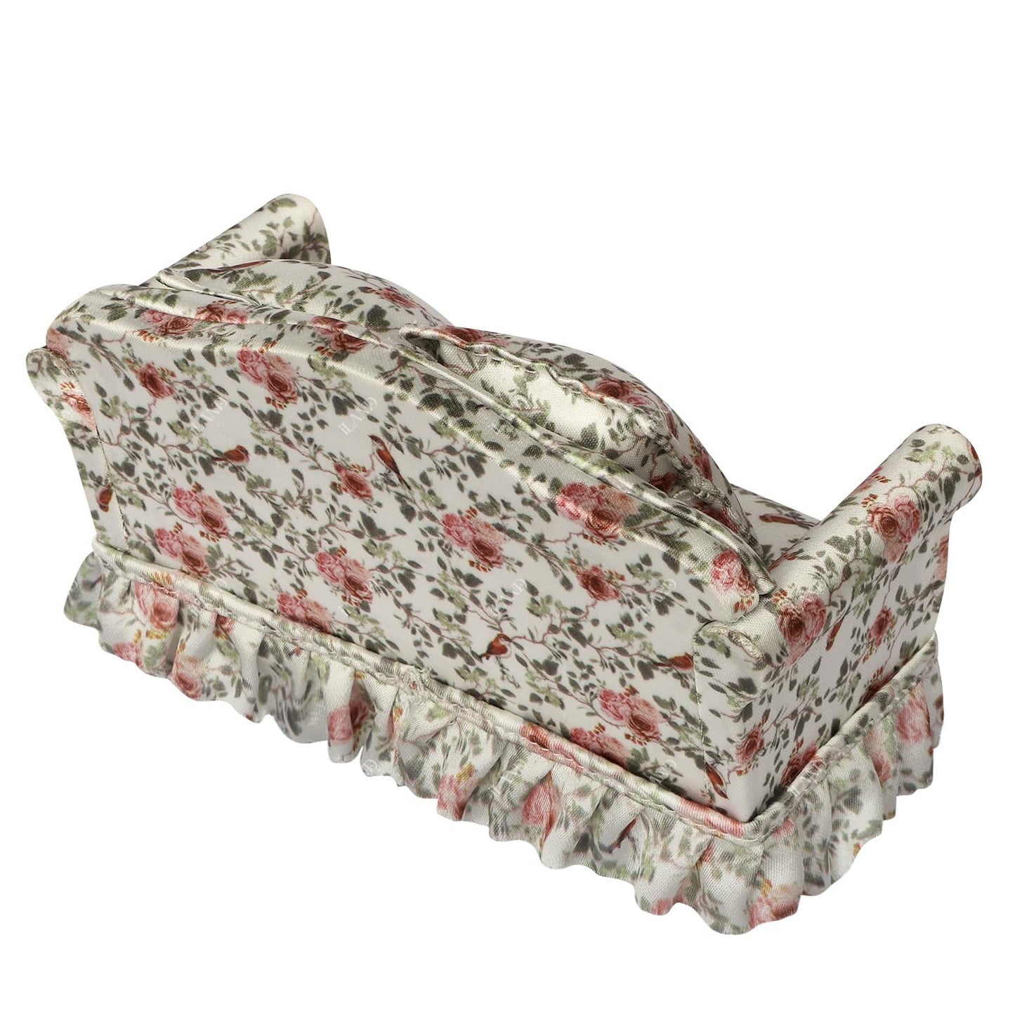 iLAND Dollhouse Furniture of Miniature Couch with Coffee Table the Beautiful Doll House Furniture Set fit 1/12 scale accessories, Elegant Rose and Birds Customized Fabric and Amazing Pleated Handiwork