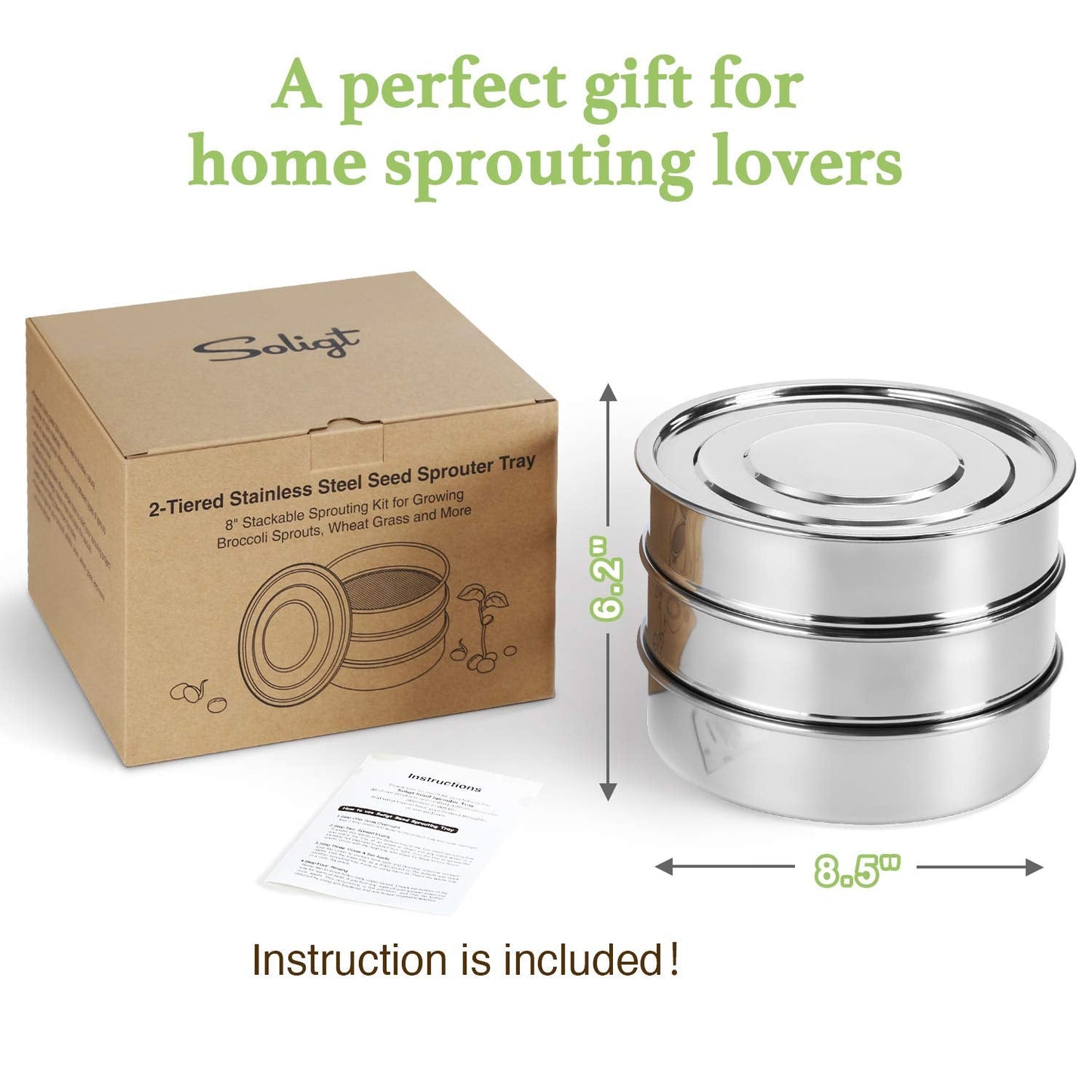 SOLIGT Stackable Stainless Steel Seed Sprouting Kit, 2-Tier Mesh Sprouting Trays, 1 Base and 1 Cover Lid
