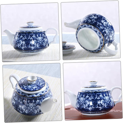 Uonlytech Ceramic Teapot, Blue and White Porcelain Travel Tea Kettle, Retro Portable Teapot with Handle
