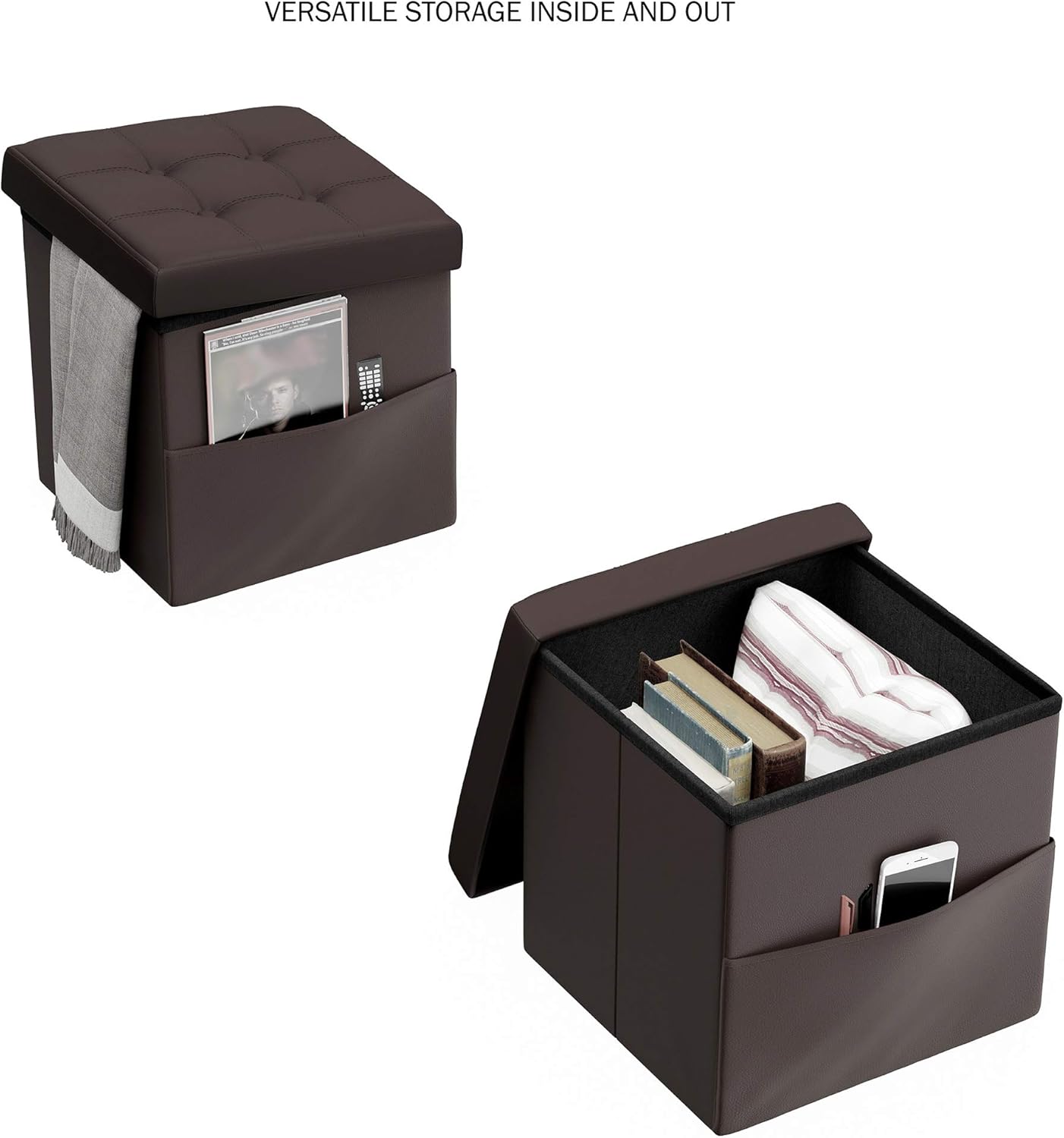 Lavish Home Foldable Storage Cube Ottoman with Pocket Tufted Faux Leather Footrest Organizer for Bedroom, Living Room