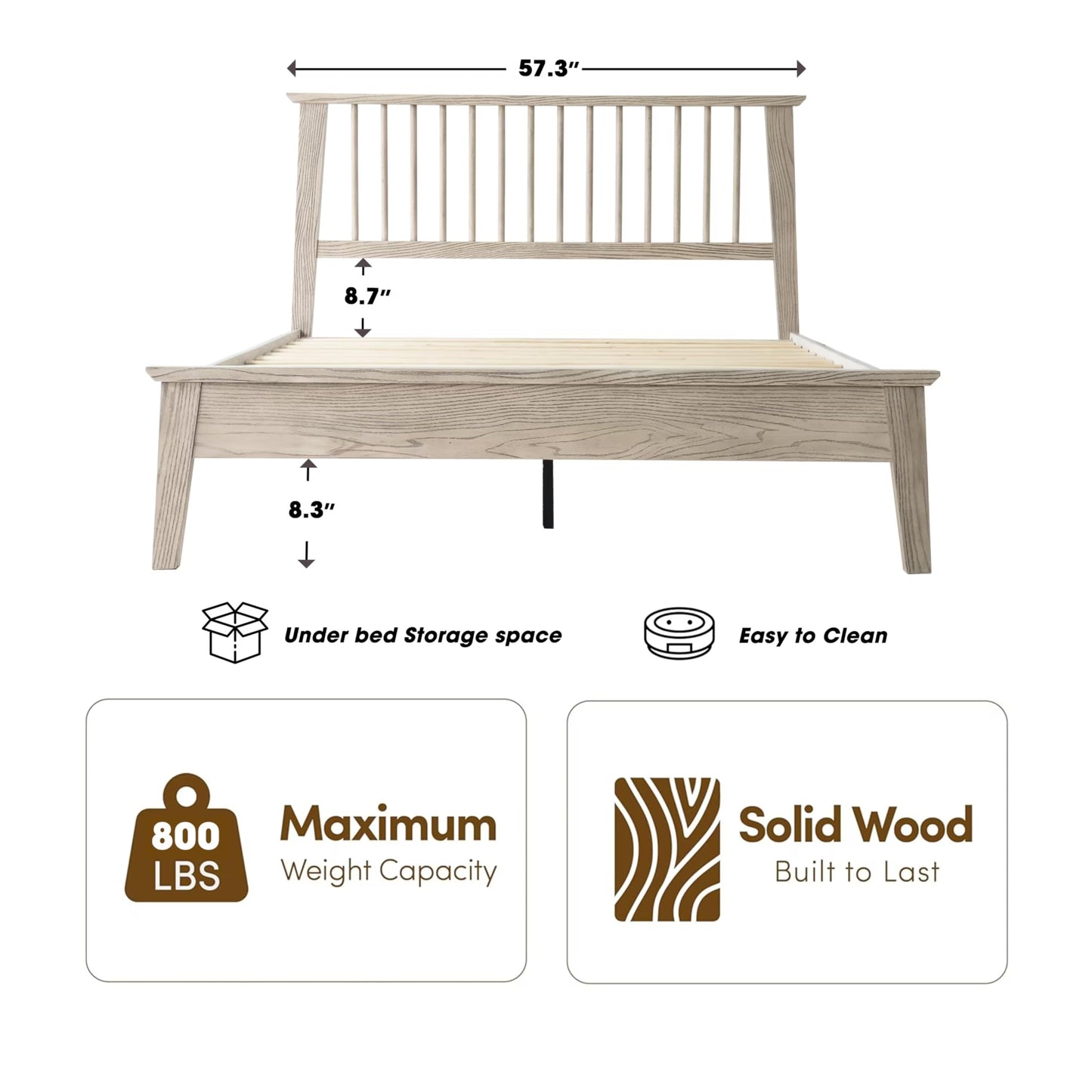 Full Size Solid Wood Platform Bed Frame, Headboard & Footboard, Easy Assembly, 12 Sturdy Slatted Base, Centre Metal Legs, No Box Spring Needed, Noise-Free & Slip-Free, Driftwood Gray Oak Finish YUF-33