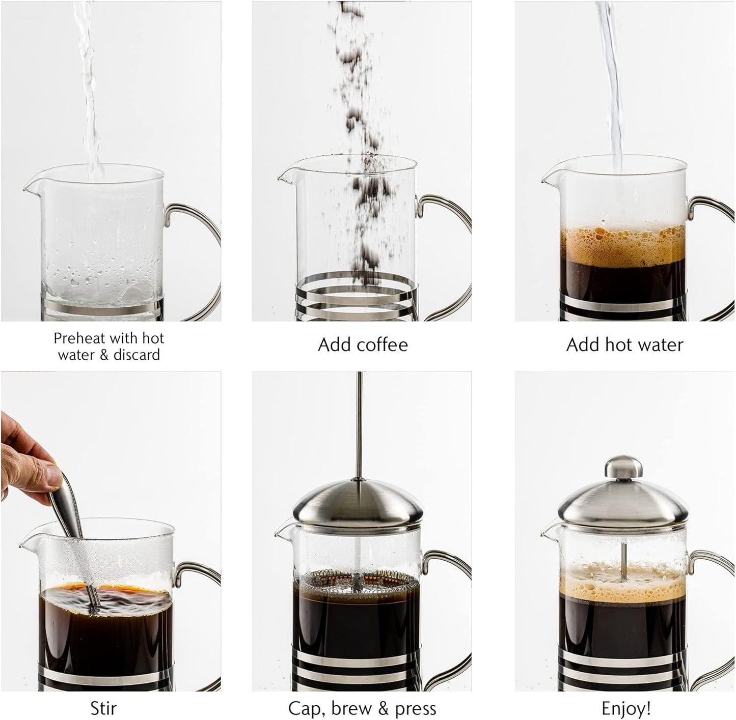 OVENTE 34 Ounce French Press Coffee & Tea Maker, Silver, 4 Filter Stainless Steel Plunger & Borosilicate Glass