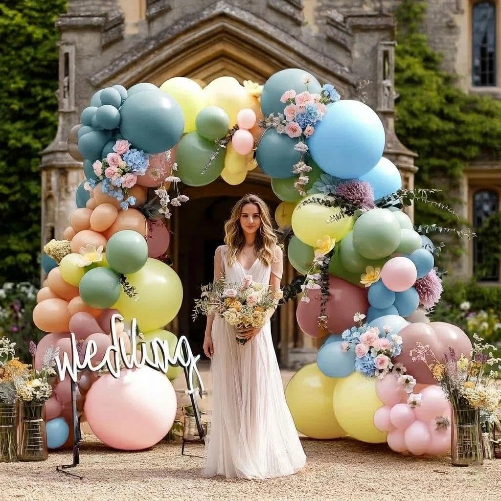 Pink Blue Green Balloon Arch Kit with Artificial Flowers, Double Stuffed Light Baby Yellow Pink Blue Green Pastel Floral Balloon Garland for Baby Shower Wedding Birthday Fairy Spring Tea Party Decor