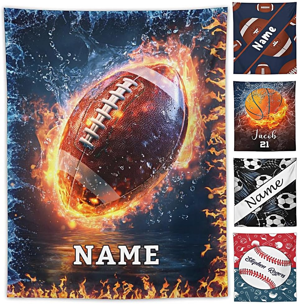 ElYIECD Personalized Blanket for Boys Girls Custom Football Basketball, Soccer,Baseball Blanket with Name, Easter