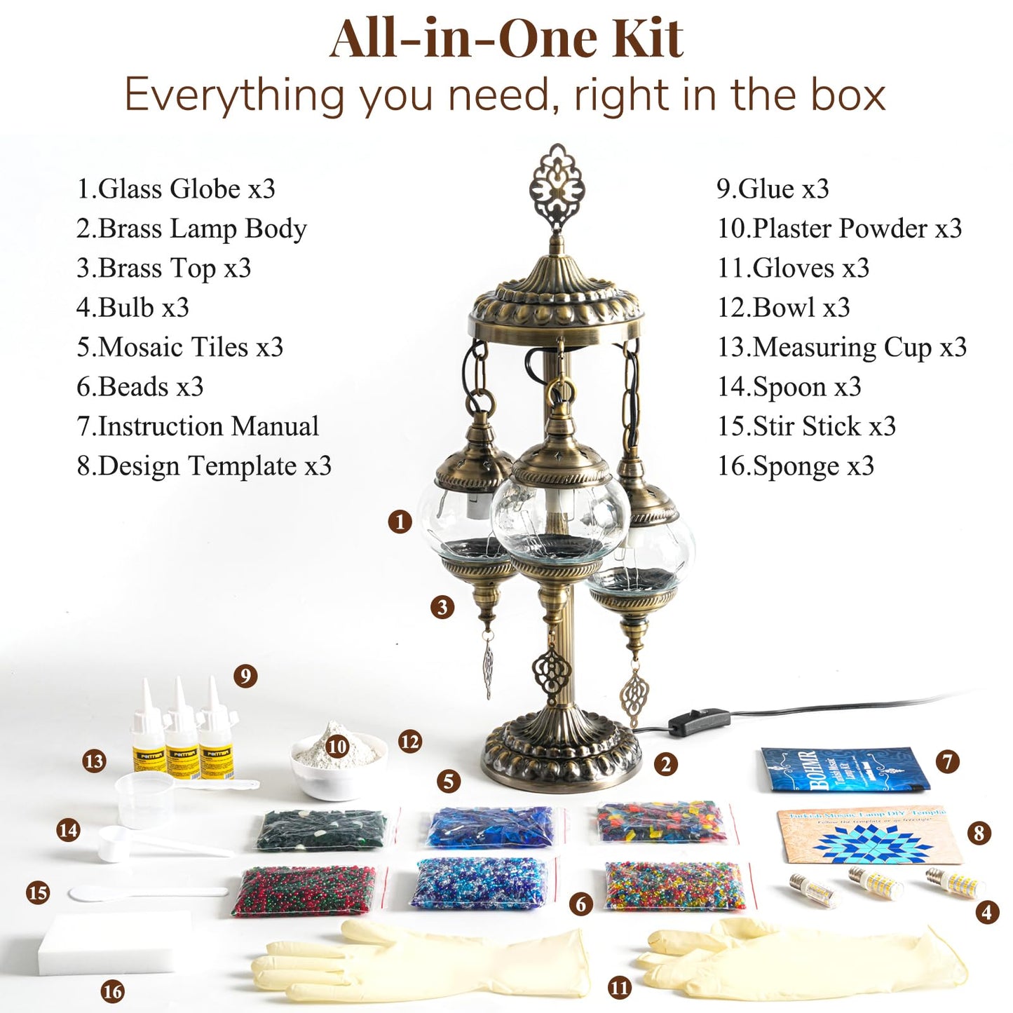 BOHMR DIY 3 Globe Turkish Mosaic Lamp Kit, 23"H Stained Glass Table Lamp Making Kit-Easy & Fun, No Experience Needed, Mosaic Art & Craft Project Kits for Adults & Teens, Make Your Own Lamp,Multicolor