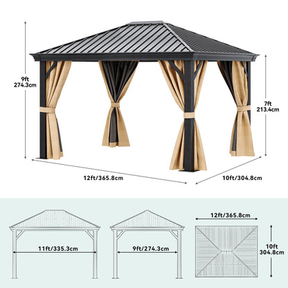 YITAHOME 10X12FT Hardtop Metal Gazebo Single Top Outdoor Patio Canopy Galvanized Iron Aluminum Column Garden Tent Curtains Netting for Backyards Decks Lawns,Brown