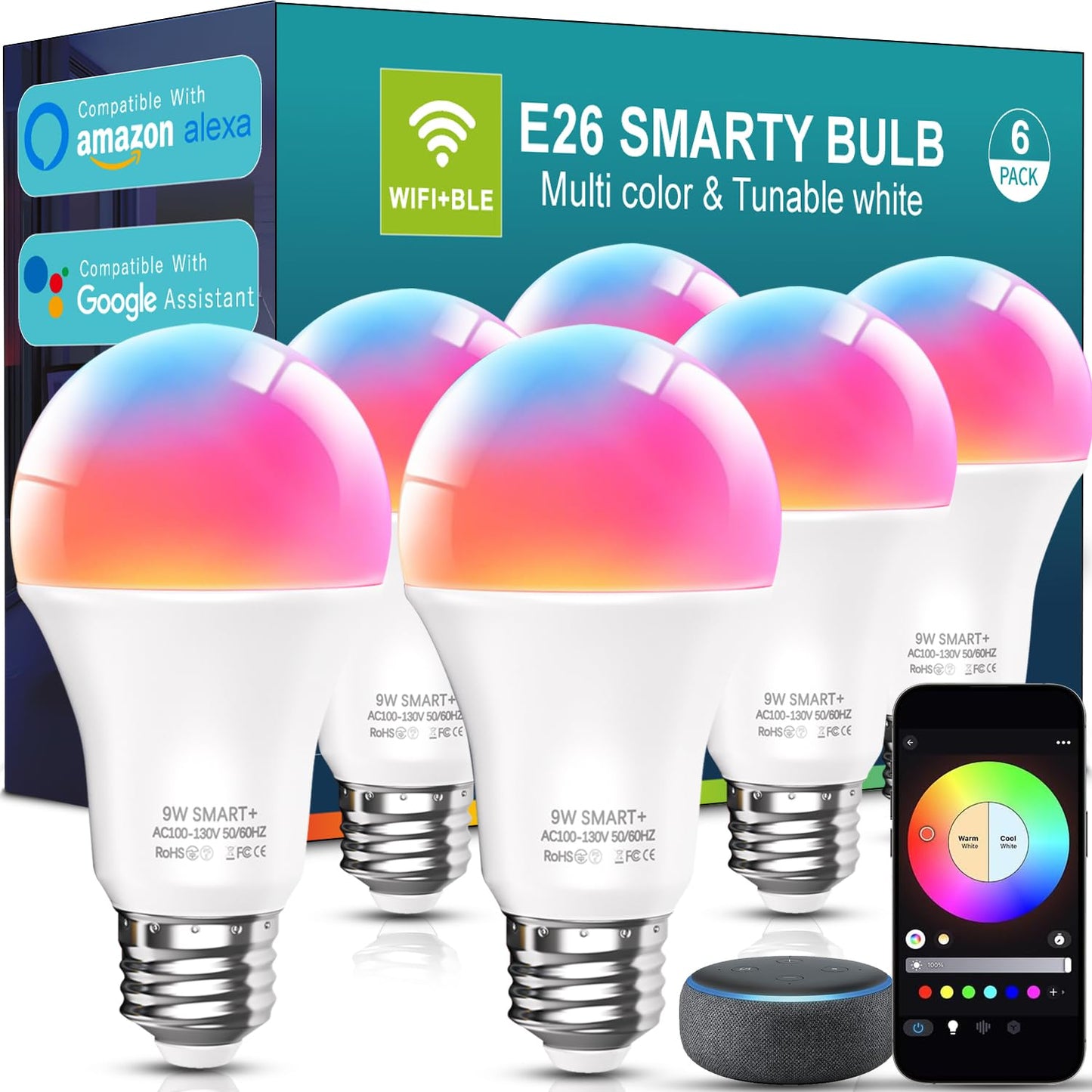 luckystyle Smart Light Bulbs, 9W A19 E26 800LM WiFi Bluetooth LED Bulbs Compatible with Alexa, Google Assistant & Home, 16 Million Colors Music Sync Color Changing Dimmable RGBWW Lights Bulb (4)