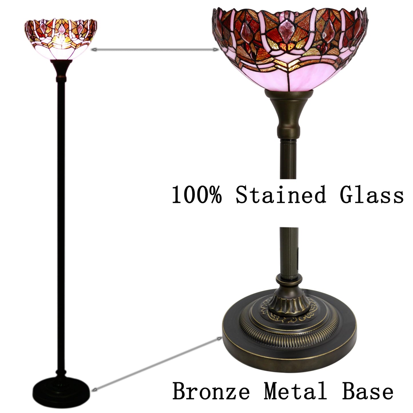 ZJART Tiffany Floor Lamp Torchiere Stained Glass Torch Lamp 12X12X67 Inch Antique Standing Corner Light (Pink Jewelry)