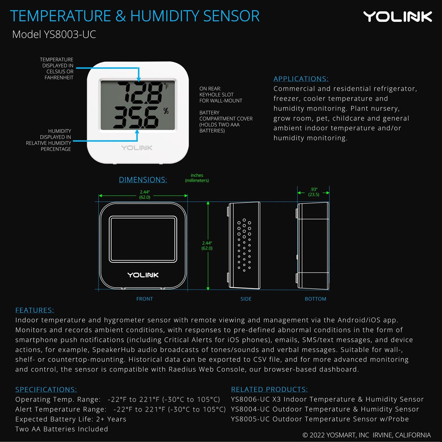 YoLink SpeakerHub & Two Temp/Humidity Sensors Starter Kit – Audio Hub Plays Tones/Sounds, Spoken Messages, Text Messages, LoRa-Powered ¼ Mile Range, Compatible with IFTTT, WiFi Required