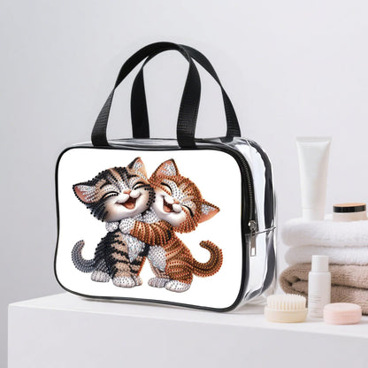 DIY diamond painting makeup bag kit, cheerful cat pattern sequined makeup storage bag with zipper, portable travel toiletries bag, as a handmade creative gift
