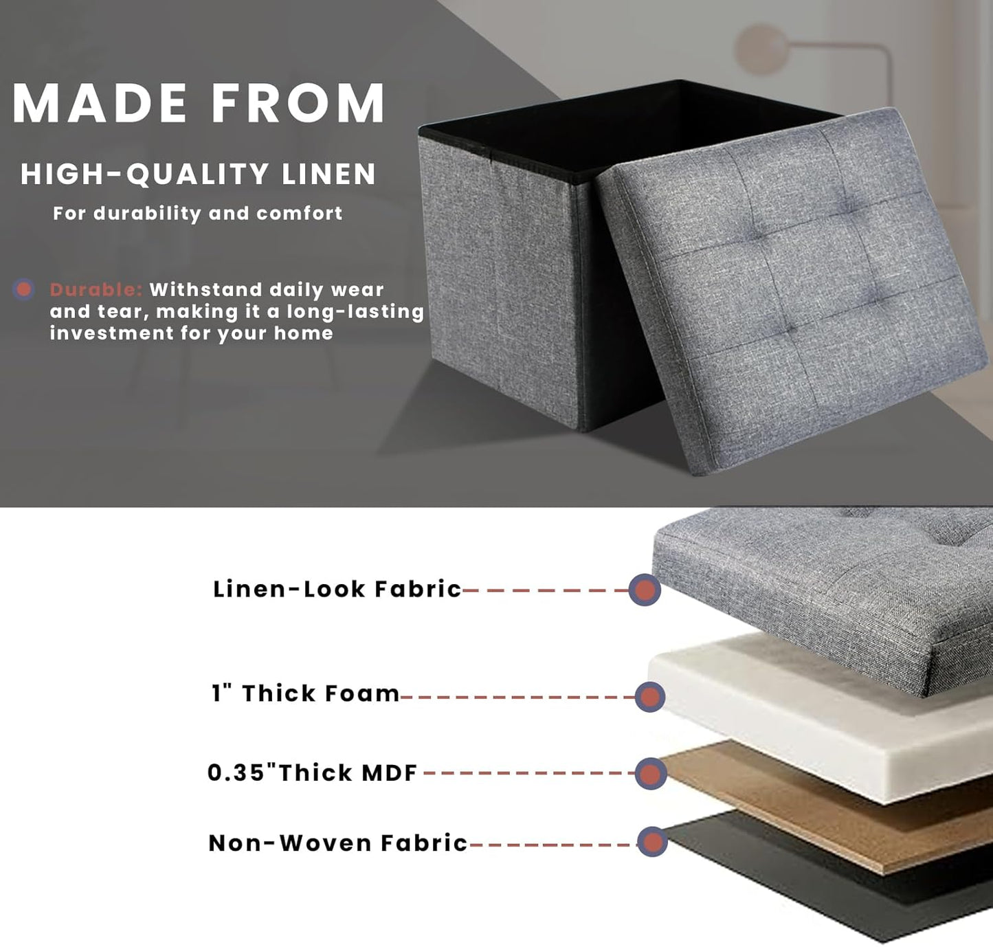 NIENIE 15.7"X11.8"X11.8", Linen Folding Storage Ottoman Coffee Table Small Foot Stool for Living Room, Bedroom, Grey