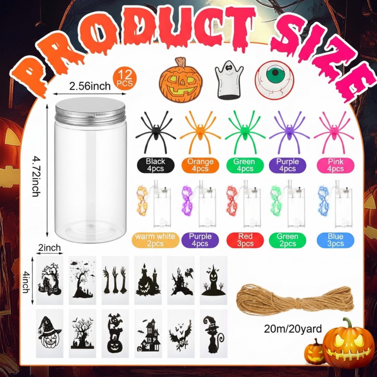 Willinglong 12 Pack Halloween DIY Lantern Jar Halloween Crafts Plastic Jar Craft Kit Decoration Indoor Outdoor Garden Home DIY Art Kit Project for Adult