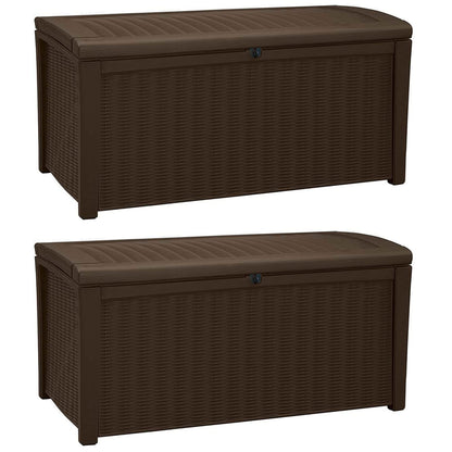 Keter 2-Pack Borneo 110 Gallon Deck Box Organizer, Doubles as 2-Person Bench Seat, Brown – Large Resin Outdoor Storage and Seating with Lockable Lid for Garden, Pool, and Patio