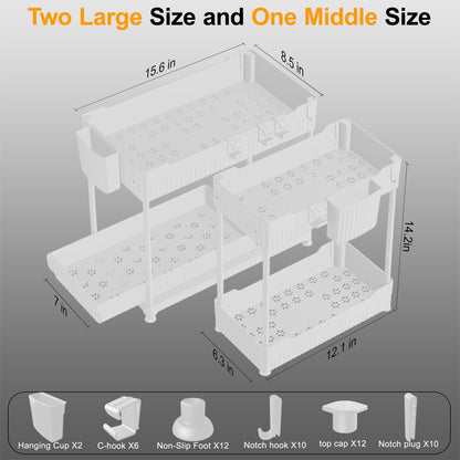 3 Pack Under Sink Organizers, 2-Tier Multi-Use Kitchen and Bathroom Organizers and Storage with Sliding Drawers，Bathroom Cabinet Organizer (Black, 12.8 Inch)