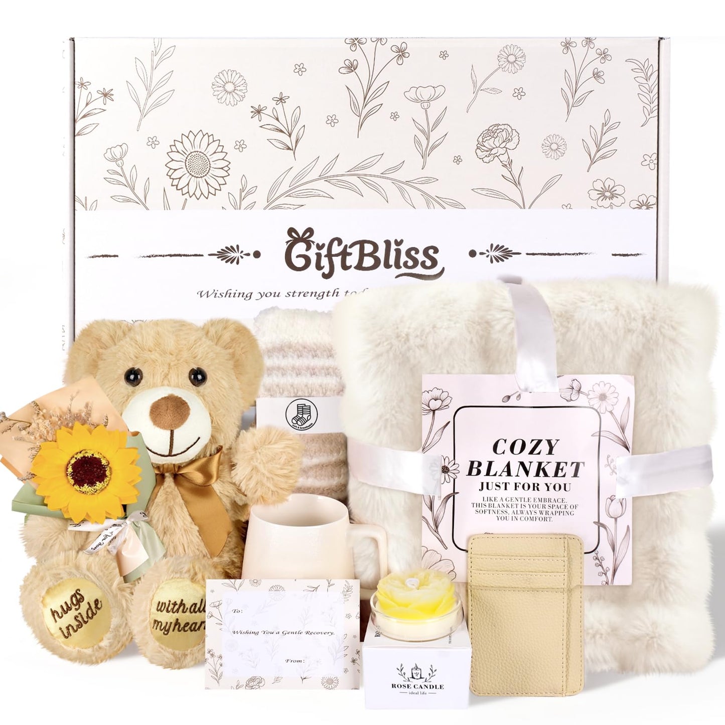 Get Well Soon Gift Basket for Women, Chemo Care Package for Women After Surgery, Thinking of You Sympathy Gift Basket, Spa Gift Set for Her, Hug in a Box with Blanket, Mug, Teddy Bear, Aromatherapy