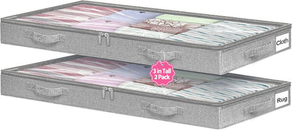 Under Bed Storage Containers by [Brand Name] - Foldable Clothes Organizer with Lid & Zipper | 3-Inch Low Profile, Gray, 2-Pack