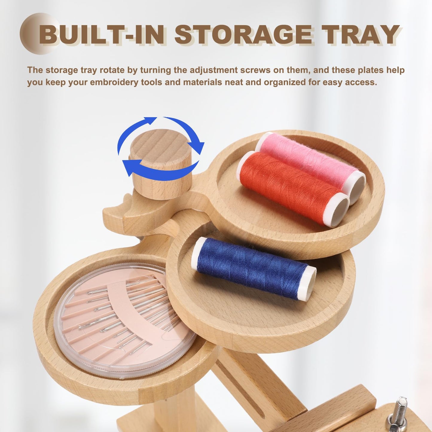 PATIKIL Embroidery Hoop Stand, Adjustable Beech Wood Cross Stitch Stand Holder with Built-in Storage Tray for DIY Art Craft, Sewing, Needlework Projects, with 6" & 8" Embroidery Hoop