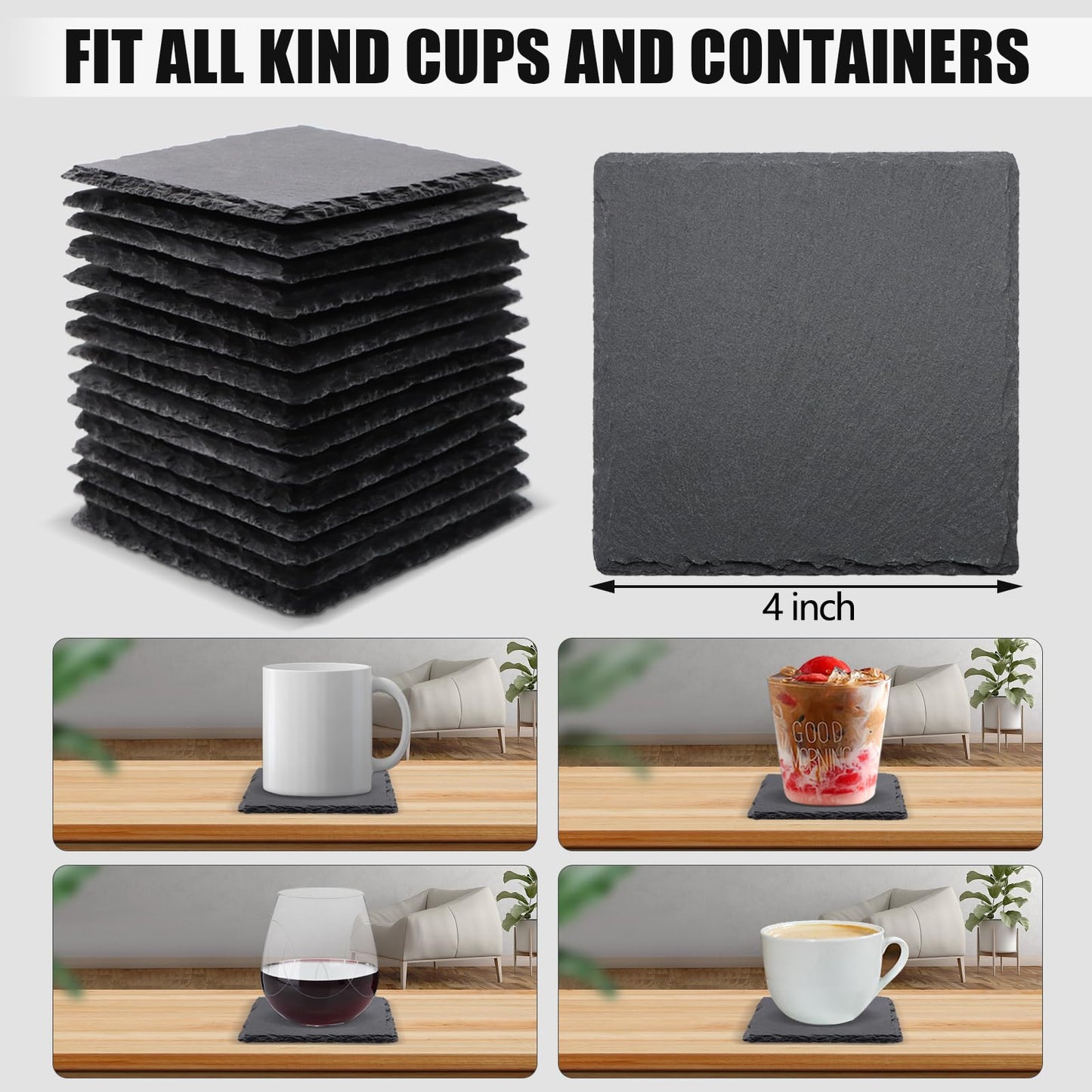 60 Pack Slate Drink Coasters, VIBRATITE 4 Inch Black Slate Stone Coasters Bulk Cup Coaster Laser Engraving Blanks with Anti-Scratch Bottom for Drink Coffee Bar Kitchen Home Decor, Square