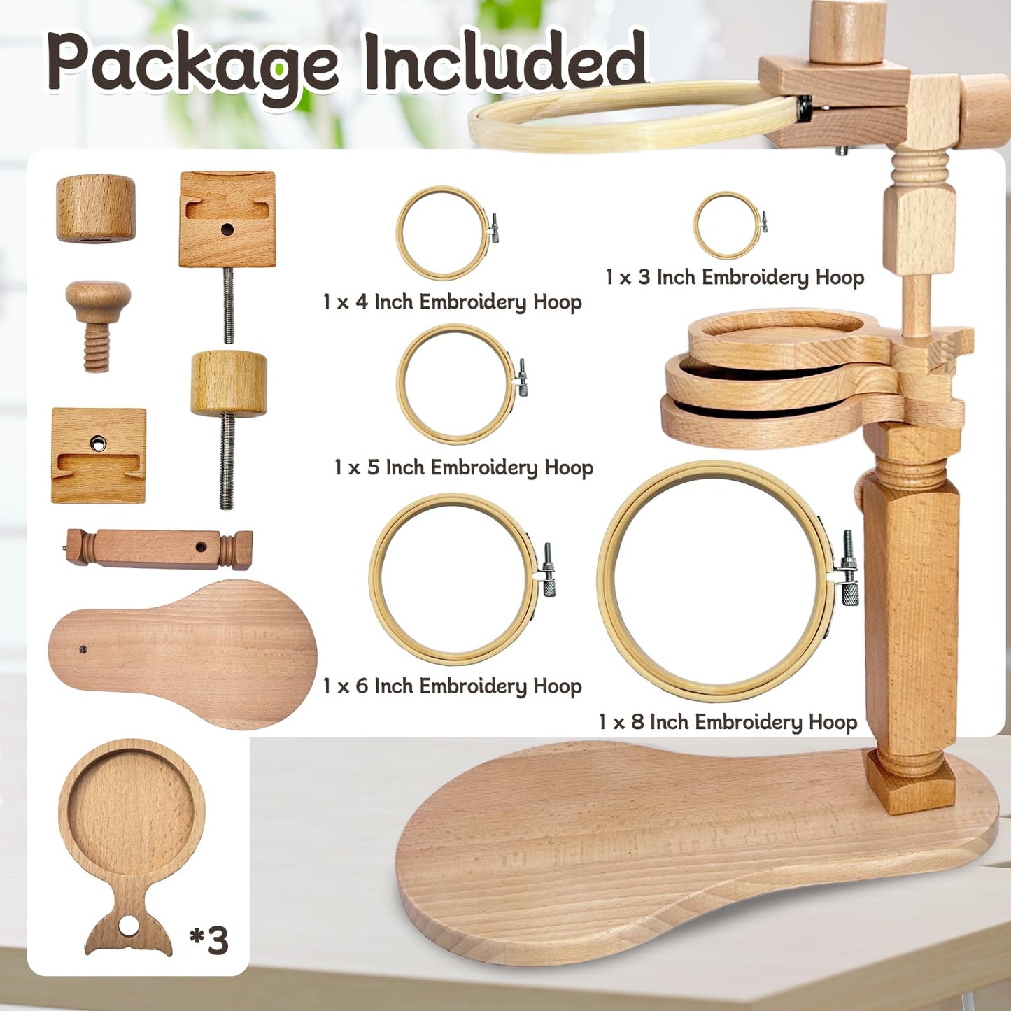 Biaungdo Adjustable Rotated Embroidery Hoop Stand with 5 Pack 5 Sizes Hoop, Wooden Embroidery Hoop Holder Frame & 3 Bowls for Cross Stitch, DIY Craft Sewing Projects