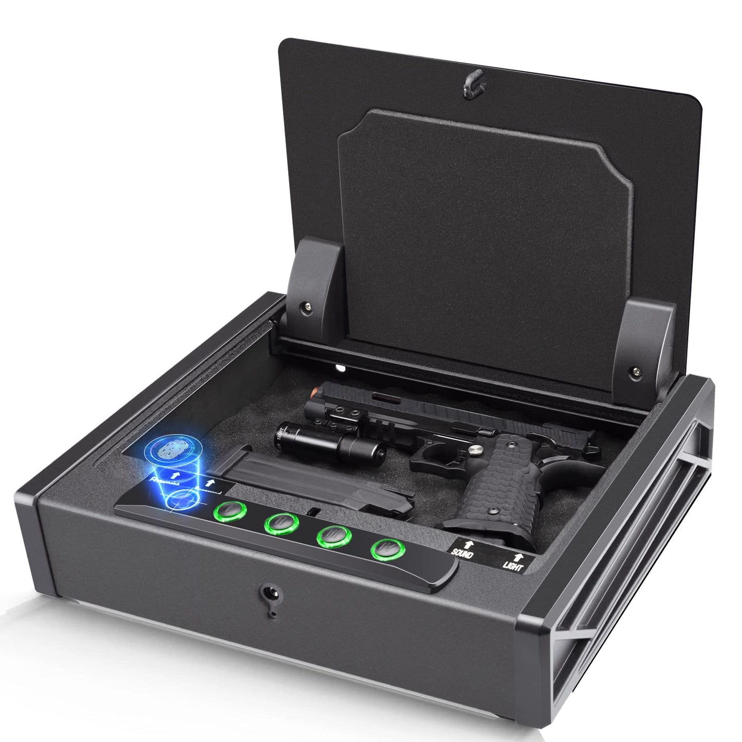 SOULYI Biometric Fingerprint Gun Safe for 3 Pistols Safe DOJ Certified with 3 Quick Access Handgun,Digital Keypad Frosted Black Bedside Firearm Safety Car Safe Hardened Steel Lock Box