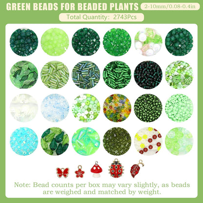 CYUXING 2746Pcs Beaded Plant Kit, Green Glass Beads for DIY Succulent Plants, Craft Beads Set with Ladybug Charm Floral Wire for Home Decor Jewelry Making, Artificial Greenery Supplies