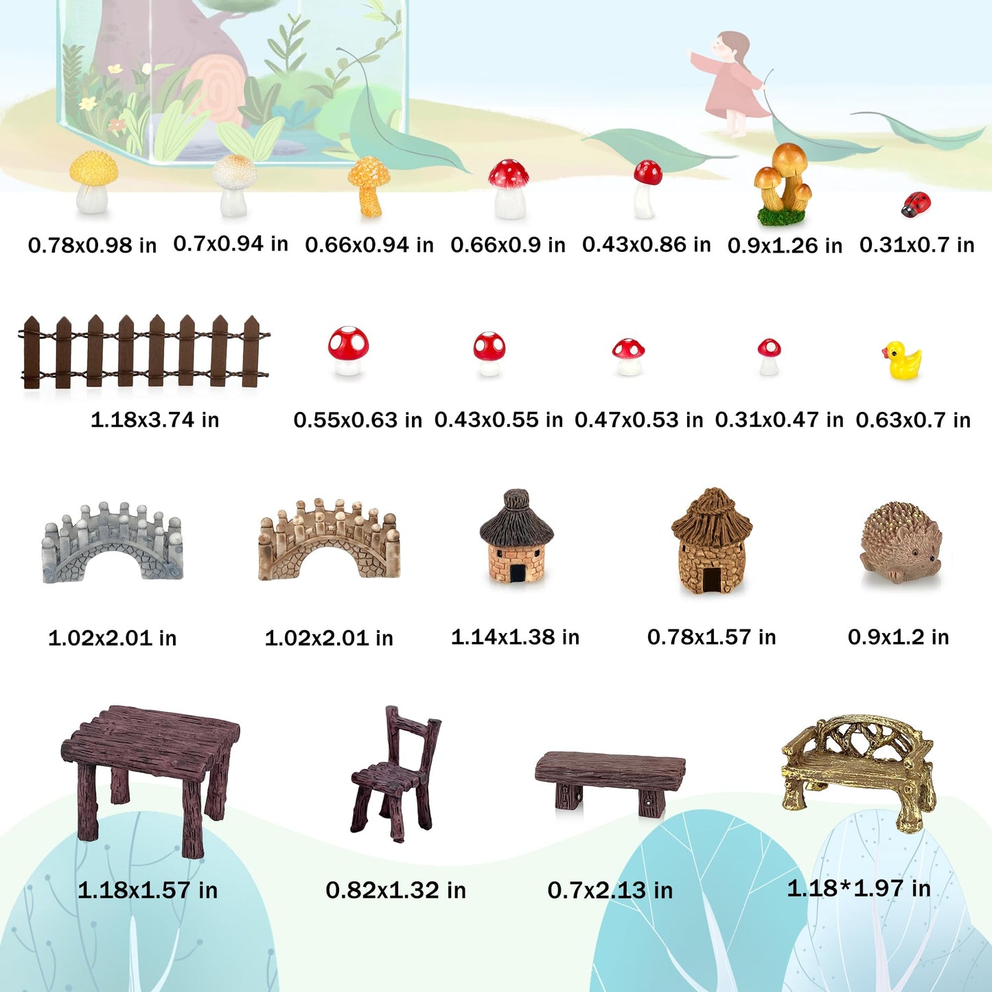 PIVNASY 56 Pcs Fairy Garden Accessories, Mini Resin Animals Figures, Miniature Table and Chairs, Moss Bonsai Micro Landscape Ornaments Kit, Miniature Garden Kit, Terrarium Ornaments DIY Craft