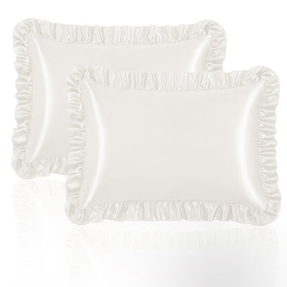 NSGZ Ruffled Satin Pillowcase Set of 2, Standard Size Silky Pillow Shams for Hair and Skin Care, Ivory White Satin Pillow Covers with Envelope Closure, Anti Wrinkle Pillow Cases for Classic Room Decor