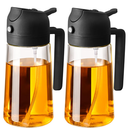 Olive Oil Sprayer for Cooking, 470ml 2 In 1 Glass Oil Dispenser/Pour Bottle, Kitchen Accessories, Kitchen Gadgets for Air Fryer, Salad, BBQ (Black)