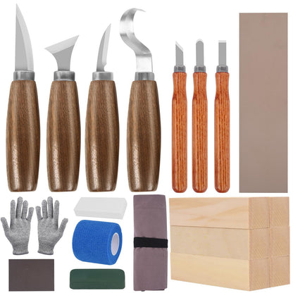 Wood Carving Kit, Wood Carving Tools Set with Wood Carving Knives Detail Knives Blocks Gloves Whittling Kit for Beginners Adults Kids Woodworking Tools for Spoon, Bowl, Kuksa Cup (26PCS)