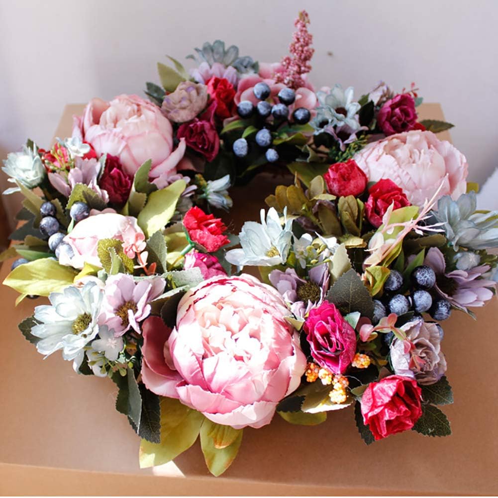 Artificial Rose Peony Flower Wreath, Newest Berry Flower Door Wreath with Green Leaves for Front Door, Wedding, Home