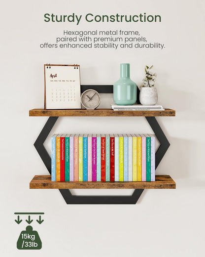 CHOEZON Hexagon Floating Shelves for Wall, Set of 2, 2 -Tier Hanging Shelves, Wall Mounted Storage Shelves, for Living Room, Bedroom, Kitchen, Home Office, Study, Rustic Brown and Black TBJ06P2BF
