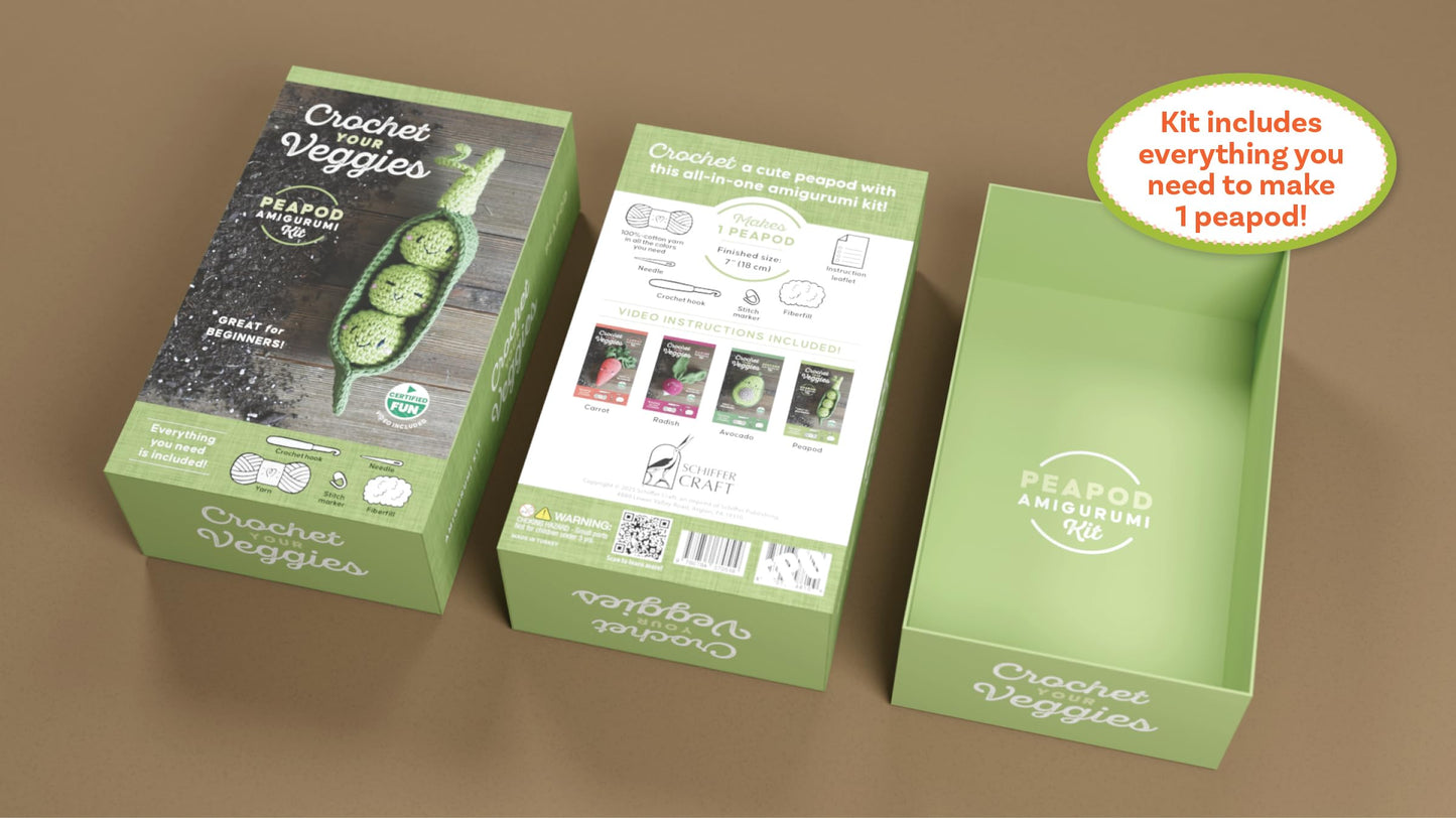 Crochet Your Veggies Amigurumi Kit Peapod: Everything You Need Is Included: 100%-Cotton Yarn, Crochet Hook, Stitch Marker, Tapestry Needle, Fiberfill, ... Instruction Videos; Beginner Friendly!
