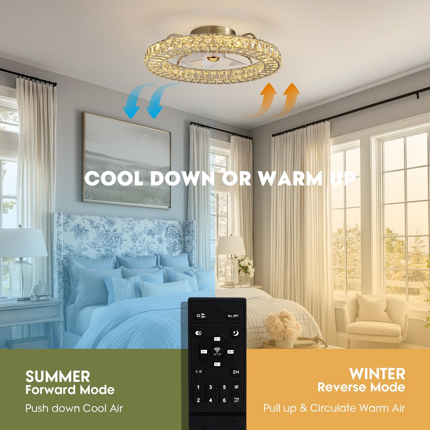 LUDOMIDE Flush Mount Ceiling Fan with Light, 22" Modern Crystal Chandelier Ceiling Fan with Smart 4-Light Color Change, Luxury LED Ceiling Fan, Low Profile Ceiling Fan for Bedroom (Gold)