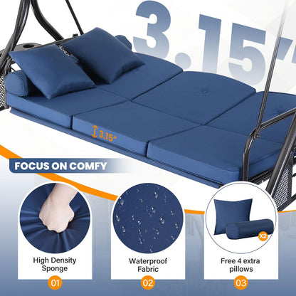 3 Seat Outdoor Porch Swing with Adjustable Canopy,2 in 1 Patio Swing Bed with Stand 800lbs for Adults,Outdoor Swing with Removable Cushion, Cup Holder ＆ Pillow for Backyard, Porch, Garden