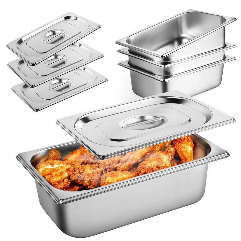 West Bay 4 Pack 1/4 Size Hotel Pan with Lids, 4'' Deep Steam Table Pan with Lid, 10.2''L x 6.3''W Stainless Steel Pans for Home, Party, Hotel, Buffet