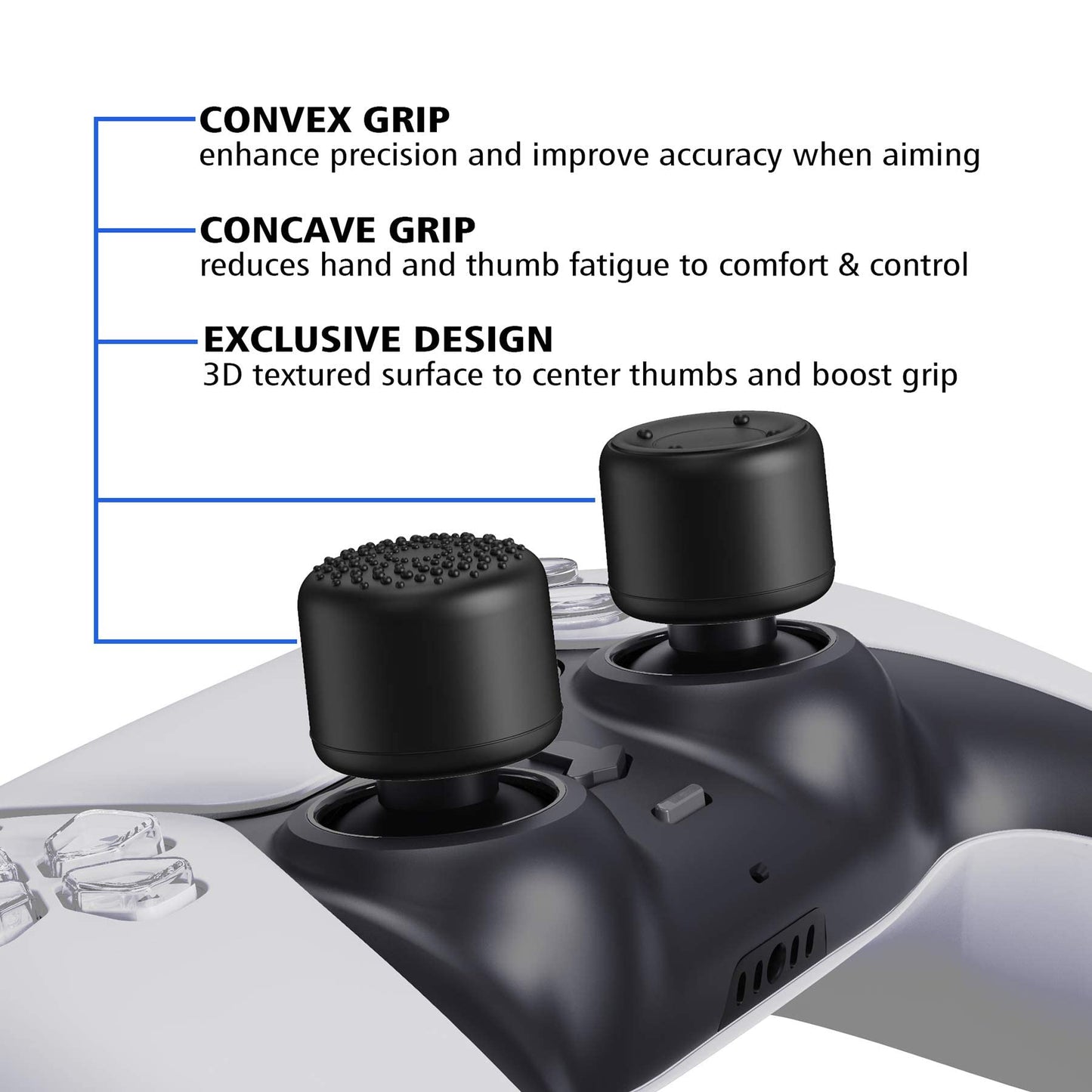 PlayVital Black Ergonomic Thumbstick Grips for PS5, PS4, for Nintendo Switch Pro, Xbox Series X/S, Xbox One, Xbox One X/S Controller - with 3 Height Convex and Concave - Raised Dots & Studded Design